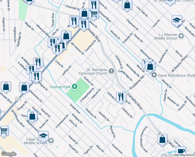 map of restaurants, bars, coffee shops, grocery stores, and more near 603 Dafney Dr in Lafayette