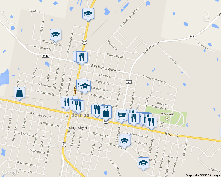 map of restaurants, bars, coffee shops, grocery stores, and more near 547 North Harris Street in Giddings