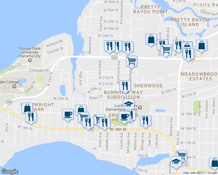 map of restaurants, bars, coffee shops, grocery stores, and more near 3910 West 20th Court in Panama City