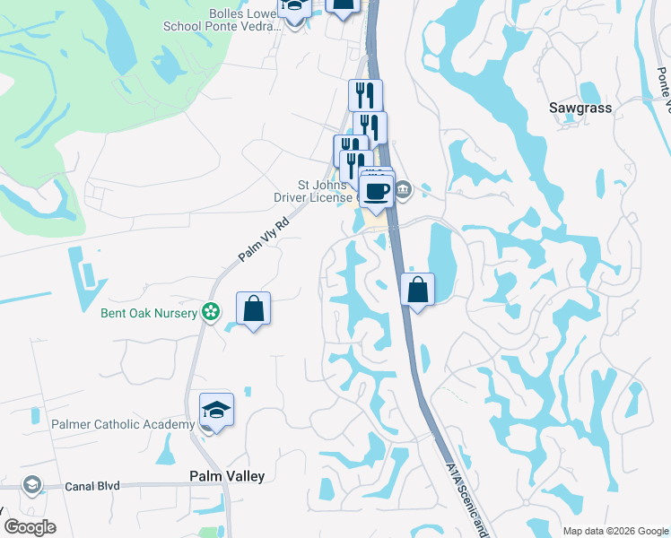 map of restaurants, bars, coffee shops, grocery stores, and more near 117 Island Drive in Ponte Vedra Beach