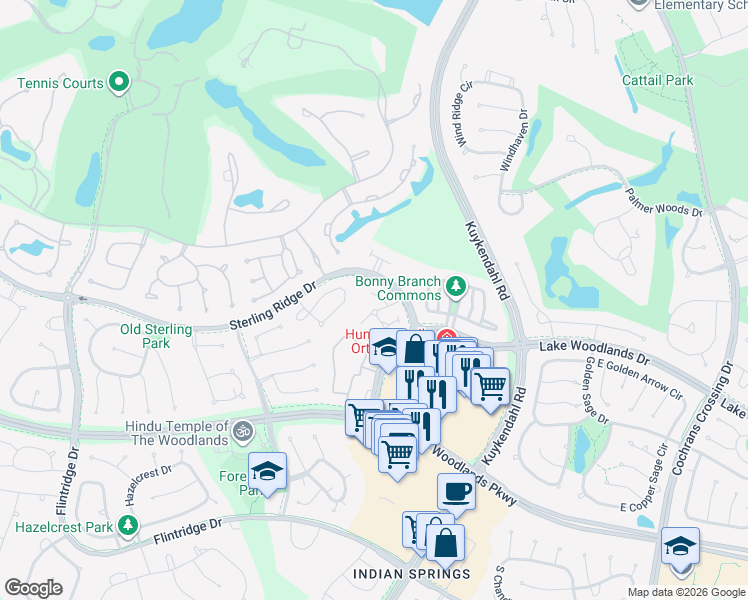 map of restaurants, bars, coffee shops, grocery stores, and more near 39 Douvaine Court in Spring