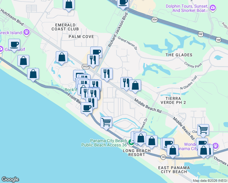 map of restaurants, bars, coffee shops, grocery stores, and more near 10997 Hutchison Boulevard in Panama City Beach