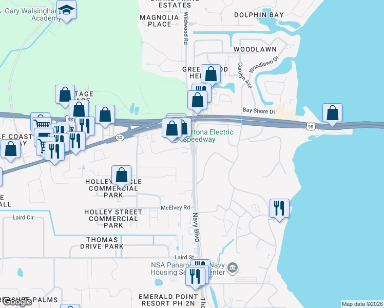 map of restaurants, bars, coffee shops, grocery stores, and more near 206 Thomas Drive in Panama City