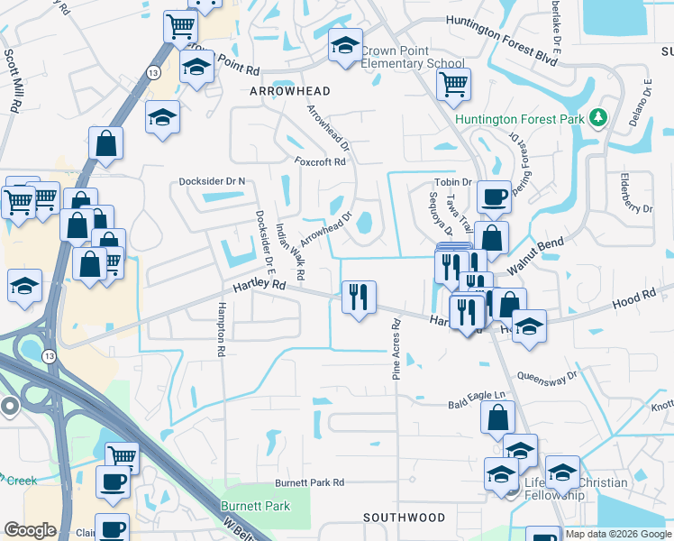 map of restaurants, bars, coffee shops, grocery stores, and more near 10523 Anchorage Cove Lane in Jacksonville