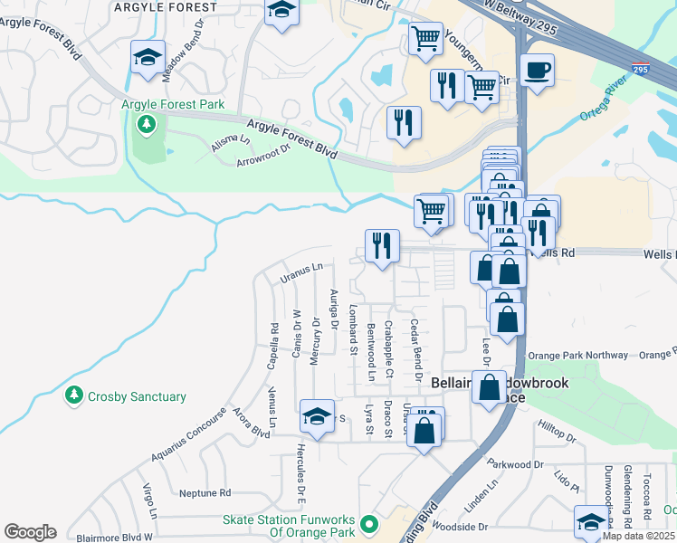 map of restaurants, bars, coffee shops, grocery stores, and more near 360 Auriga Drive in Orange Park