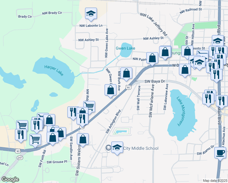 map of restaurants, bars, coffee shops, grocery stores, and more near 183 Northwest Gwen Lake Avenue in Lake City