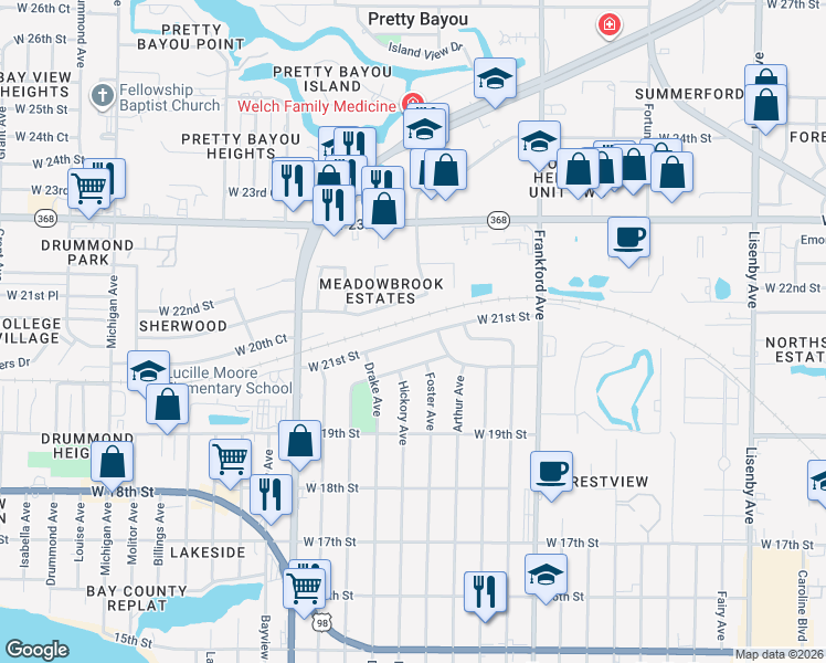 map of restaurants, bars, coffee shops, grocery stores, and more near 2506 West 21st Street in Panama City