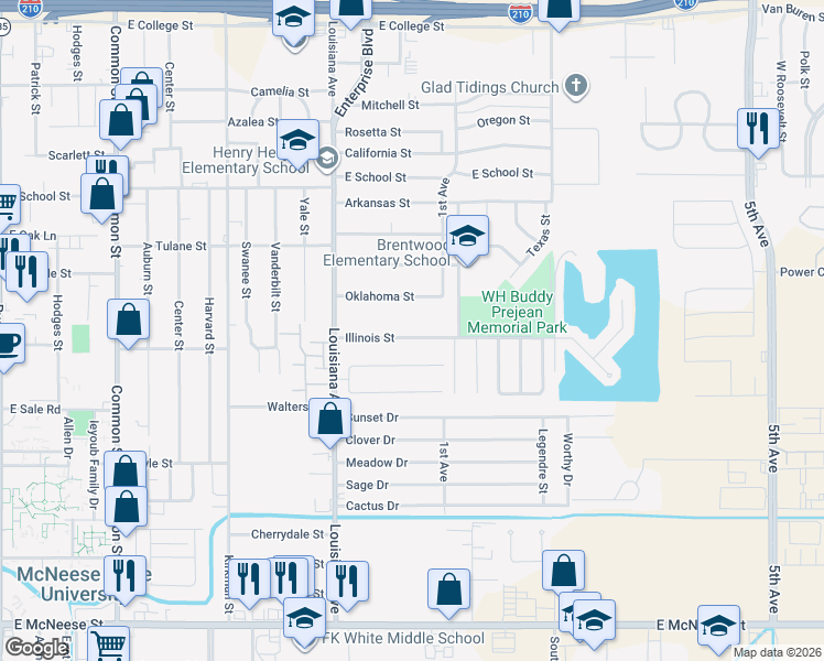 map of restaurants, bars, coffee shops, grocery stores, and more near 1301 Illinois Street in Lake Charles