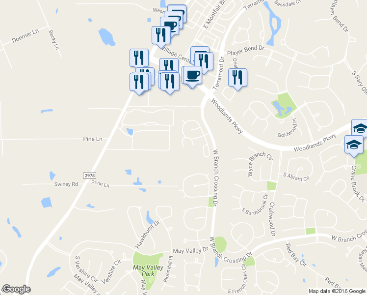 map of restaurants, bars, coffee shops, grocery stores, and more near 11 Nestlewood Place in Spring
