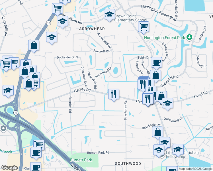 map of restaurants, bars, coffee shops, grocery stores, and more near 10523 Anchorage Cove Lane in Jacksonville
