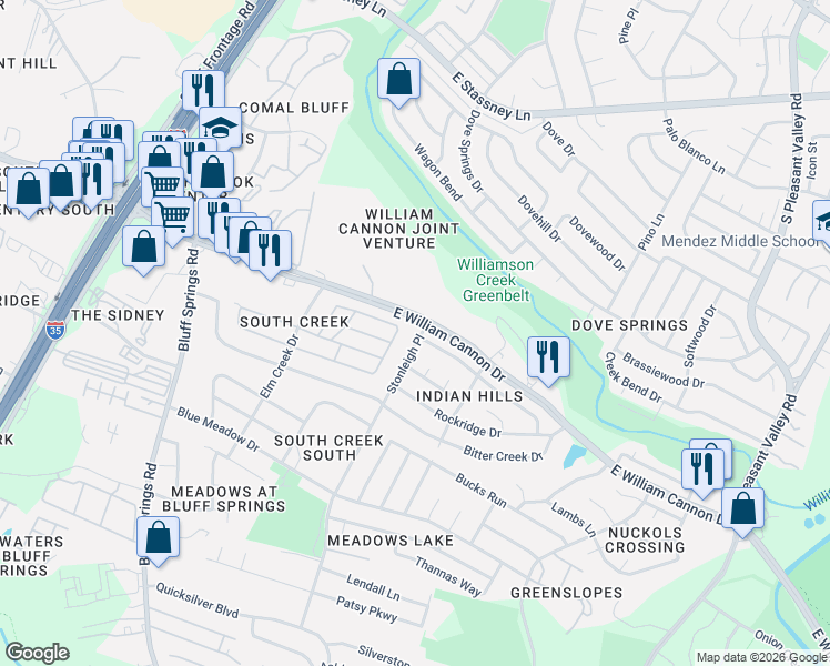 map of restaurants, bars, coffee shops, grocery stores, and more near 6506 Stonleigh Place in Austin