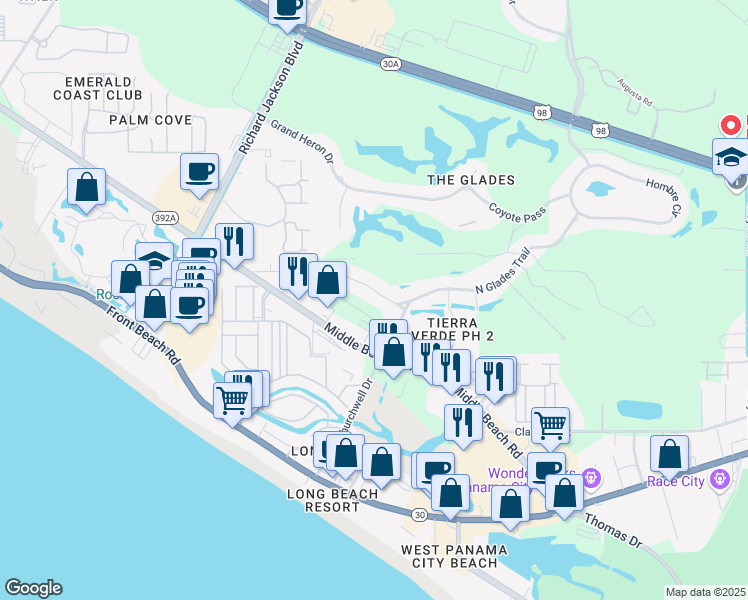 map of restaurants, bars, coffee shops, grocery stores, and more near 111 Glades Turn in Panama City Beach