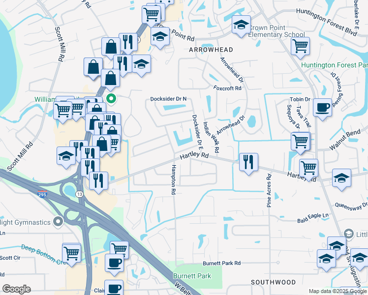 map of restaurants, bars, coffee shops, grocery stores, and more near 3535 Whalers Way in Jacksonville
