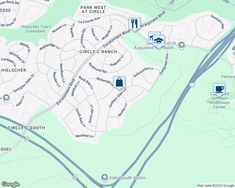 map of restaurants, bars, coffee shops, grocery stores, and more near 5760 Gorham Glen Lane in Austin
