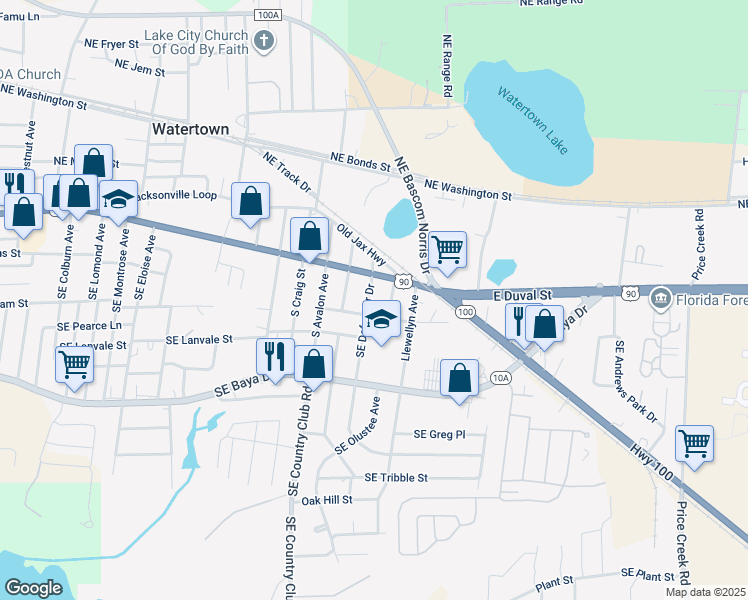 map of restaurants, bars, coffee shops, grocery stores, and more near 176 Southeast Dekle Way in Lake City