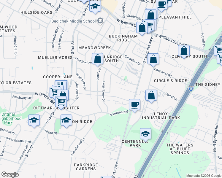 map of restaurants, bars, coffee shops, grocery stores, and more near 7401 Broken Arrow Lane in Austin