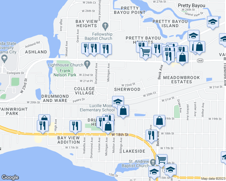 map of restaurants, bars, coffee shops, grocery stores, and more near 2025 Forest Avenue in Panama City