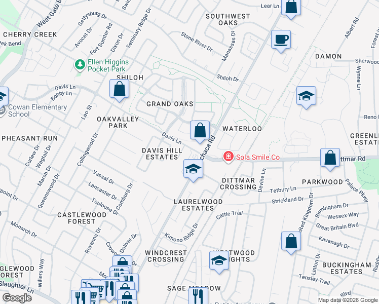 map of restaurants, bars, coffee shops, grocery stores, and more near 8700 Menchaca Road in Austin