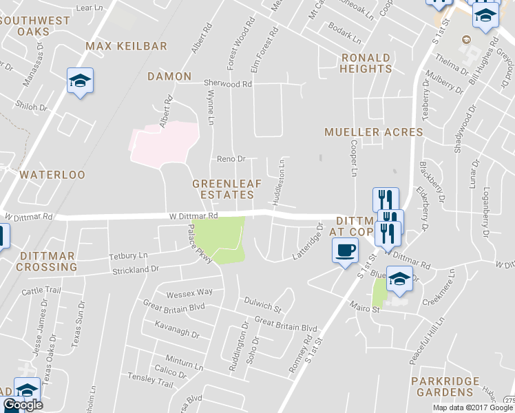 map of restaurants, bars, coffee shops, grocery stores, and more near 8007 Persimmon Trail in Austin