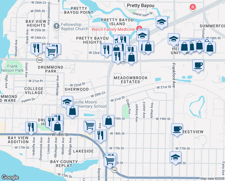 map of restaurants, bars, coffee shops, grocery stores, and more near 2906 Gallagher Drive in Panama City