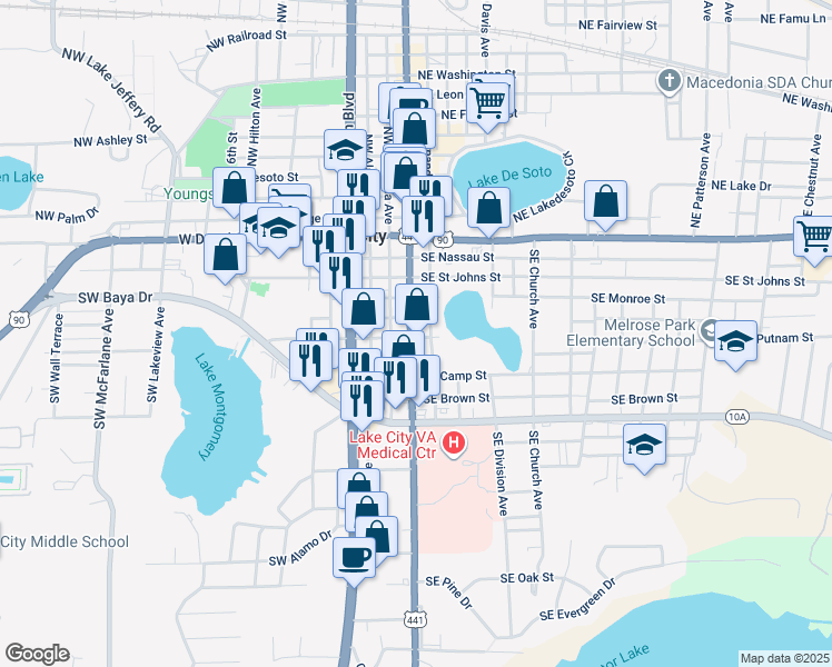 map of restaurants, bars, coffee shops, grocery stores, and more near 323 South Marion Avenue in Lake City