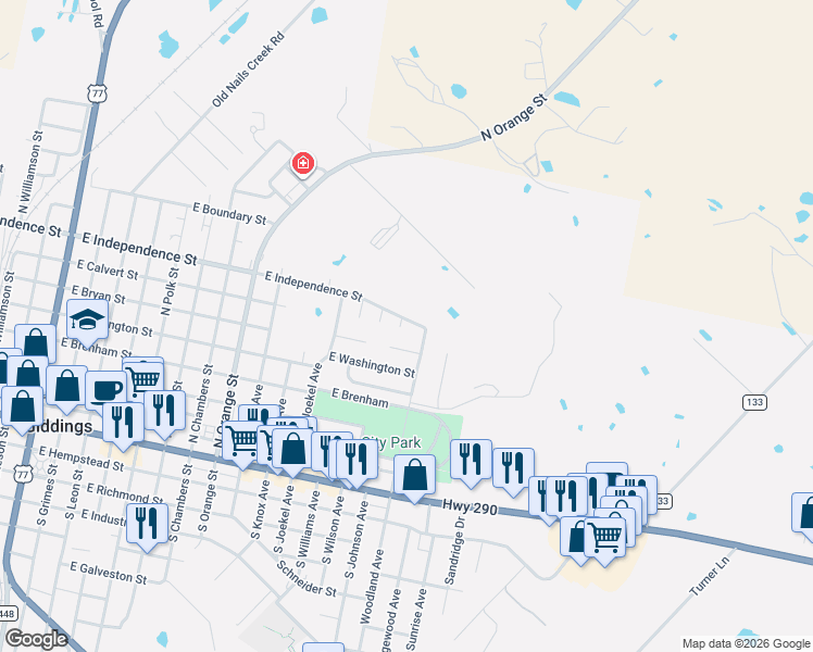 map of restaurants, bars, coffee shops, grocery stores, and more near 146 Wells Cove in Giddings