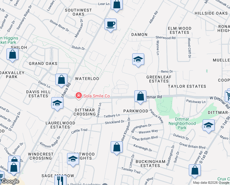 map of restaurants, bars, coffee shops, grocery stores, and more near 1500 West Dittmar Road in Austin