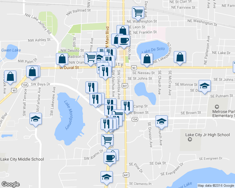 map of restaurants, bars, coffee shops, grocery stores, and more near 322 Southwest Columbia Avenue in Lake City