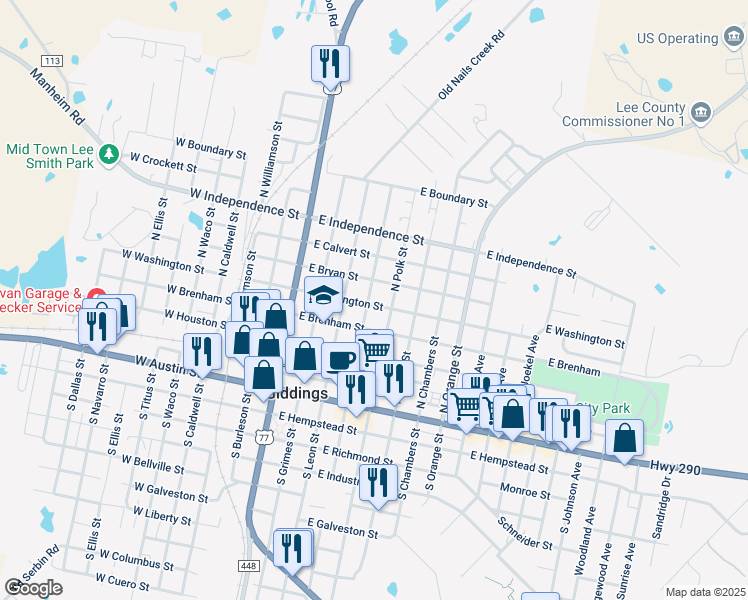 map of restaurants, bars, coffee shops, grocery stores, and more near 522 North Madison Street in Giddings