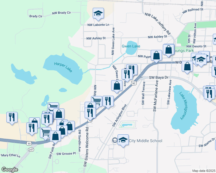 map of restaurants, bars, coffee shops, grocery stores, and more near 172 NW Gwen Lake Ave in Lake City