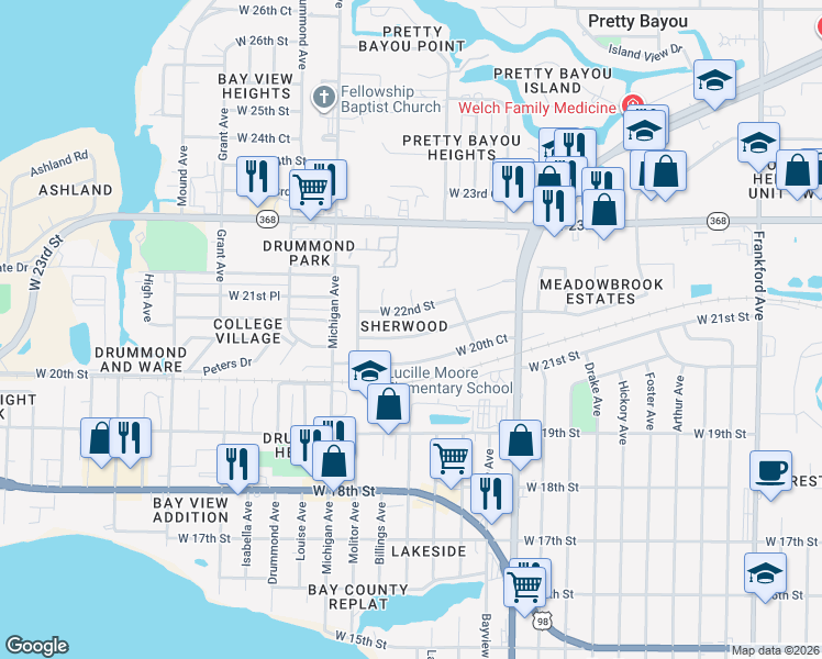 map of restaurants, bars, coffee shops, grocery stores, and more near 3116 West 21st Court in Panama City