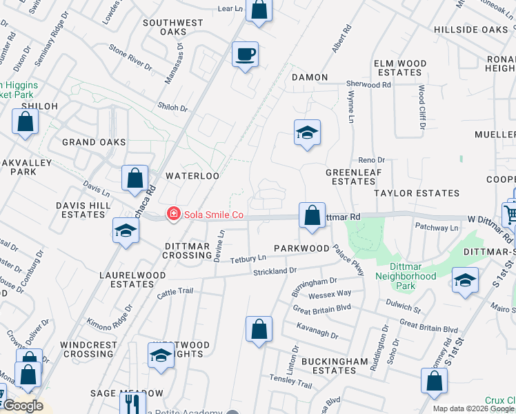 map of restaurants, bars, coffee shops, grocery stores, and more near 1410 Rambling Rose Road in Austin