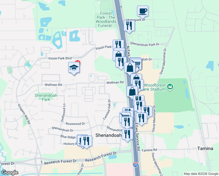map of restaurants, bars, coffee shops, grocery stores, and more near 2017 Twisted Oak Ct in Shenandoah