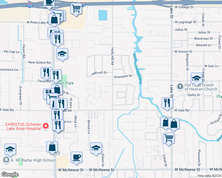 map of restaurants, bars, coffee shops, grocery stores, and more near 1301 St Louie Dr in Lake Charles