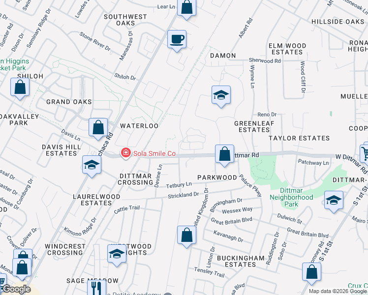 map of restaurants, bars, coffee shops, grocery stores, and more near 1500 West Dittmar Road in Austin