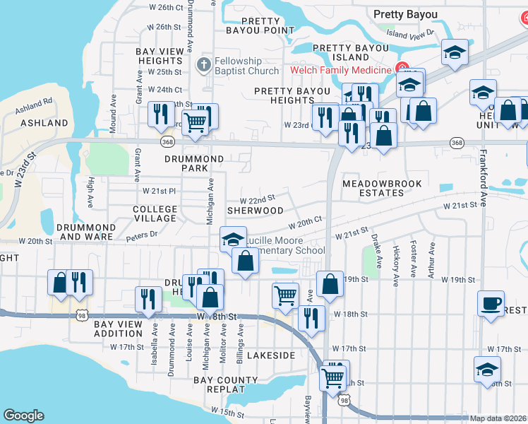 map of restaurants, bars, coffee shops, grocery stores, and more near 3116 West 21st Court in Panama City