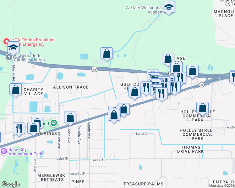map of restaurants, bars, coffee shops, grocery stores, and more near 1758 Annabellas Drive in Panama City Beach