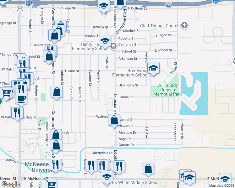 map of restaurants, bars, coffee shops, grocery stores, and more near 3929 Louisiana Ave in Lake Charles