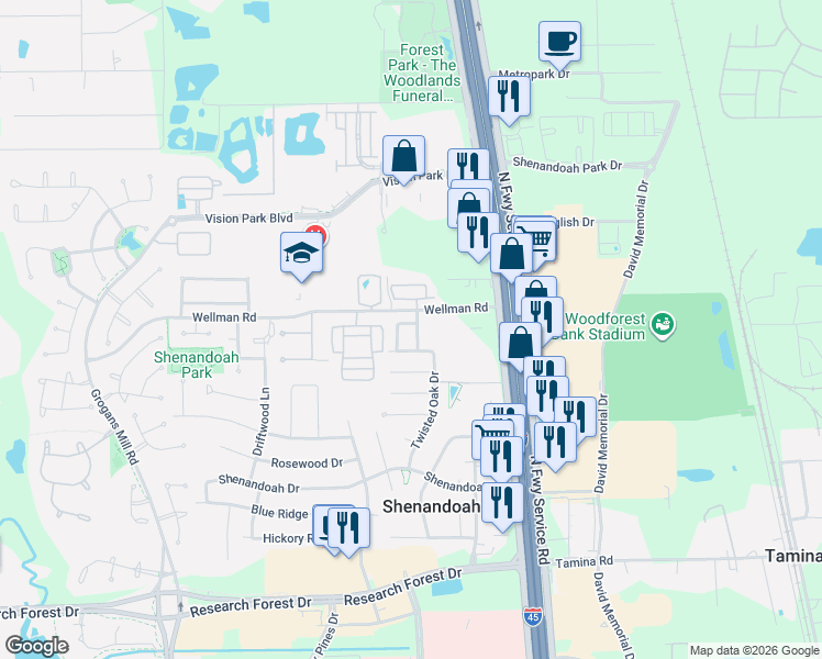 map of restaurants, bars, coffee shops, grocery stores, and more near 18715 Bella Cascata in Shenandoah