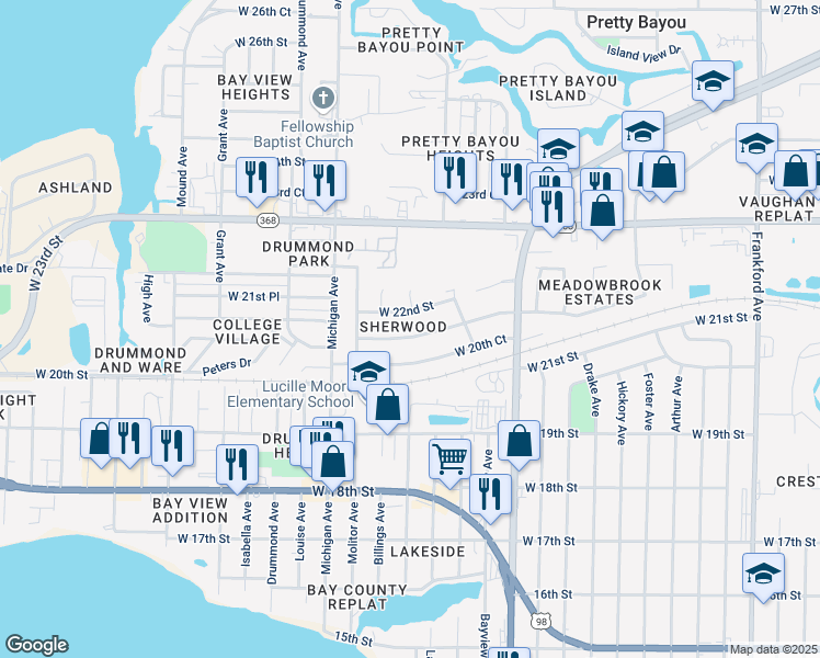 map of restaurants, bars, coffee shops, grocery stores, and more near 3116 West 21st Court in Panama City