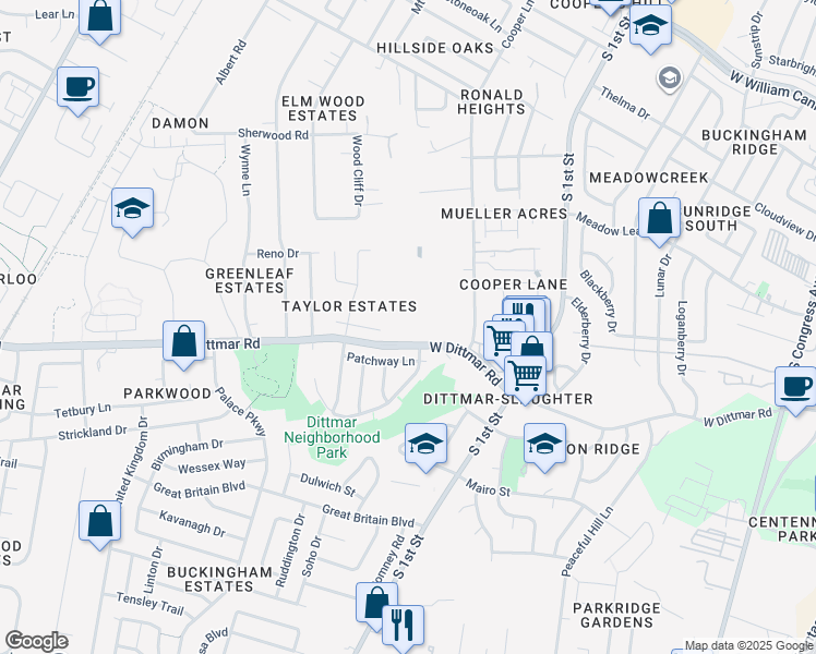 map of restaurants, bars, coffee shops, grocery stores, and more near 702 Marc Taylor Drive in Austin