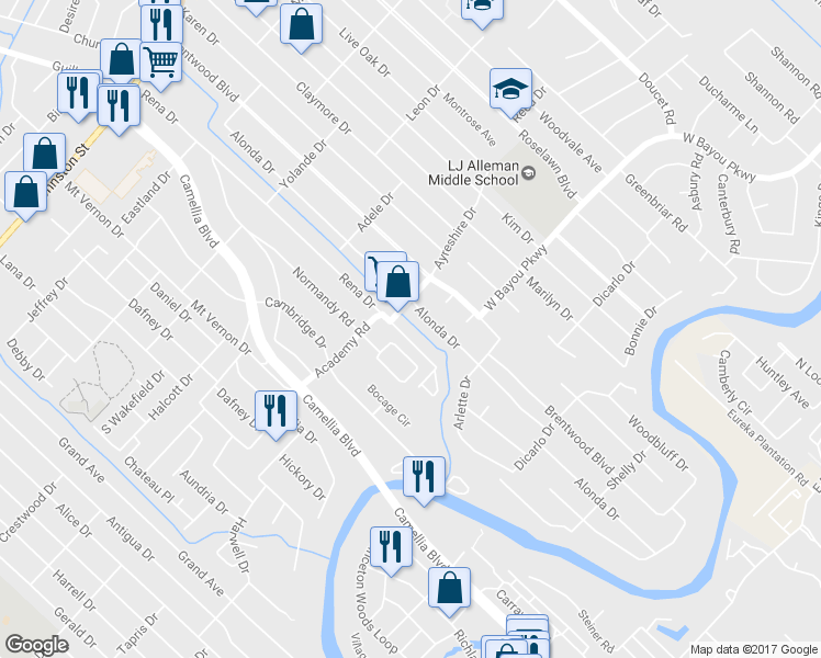 map of restaurants, bars, coffee shops, grocery stores, and more near 423 Rena Drive in Lafayette