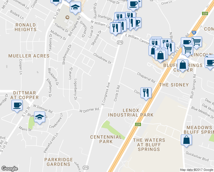 map of restaurants, bars, coffee shops, grocery stores, and more near 7300 South Congress Avenue in Austin