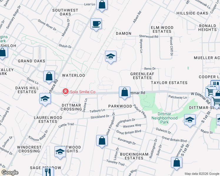 map of restaurants, bars, coffee shops, grocery stores, and more near 1200 West Dittmar Road in Austin