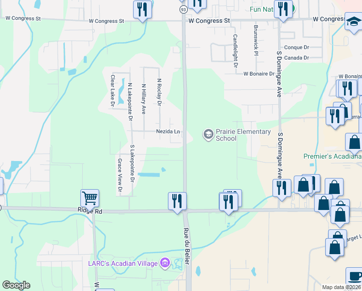 map of restaurants, bars, coffee shops, grocery stores, and more near 114 Millie Park Drive in Lafayette