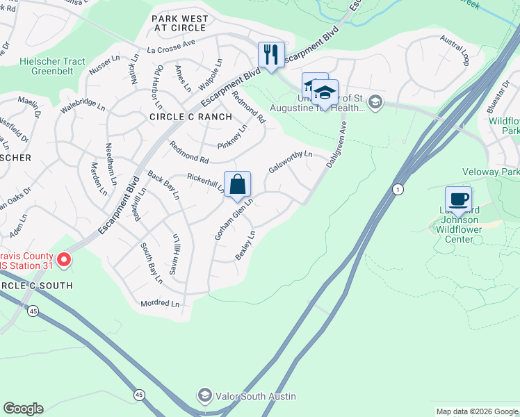 map of restaurants, bars, coffee shops, grocery stores, and more near 10916 Palgrave Court in Austin