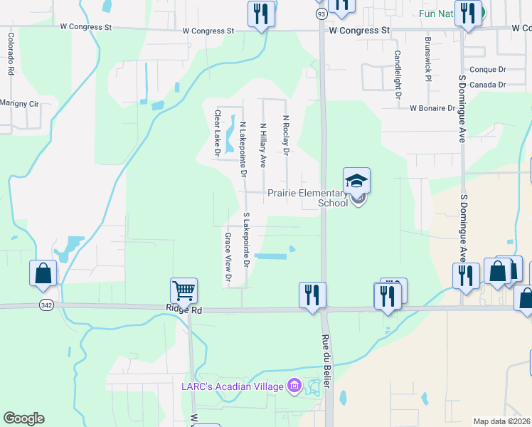 map of restaurants, bars, coffee shops, grocery stores, and more near 106 South Hillary Avenue in Lafayette