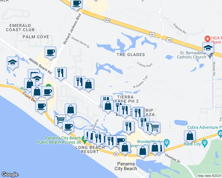 map of restaurants, bars, coffee shops, grocery stores, and more near 270 South Glades Trail in Panama City Beach