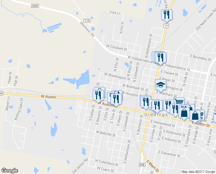 map of restaurants, bars, coffee shops, grocery stores, and more near 755 West Houston Street in Giddings