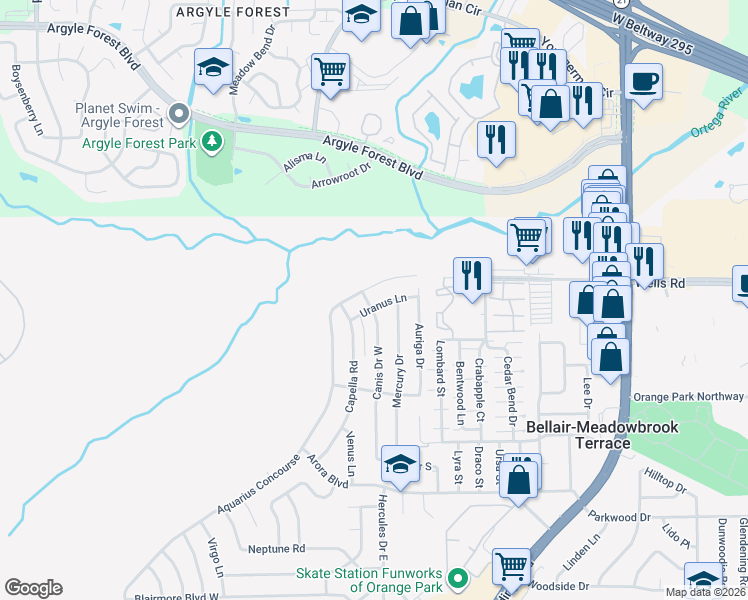 map of restaurants, bars, coffee shops, grocery stores, and more near 356 Canis Drive West in Orange Park